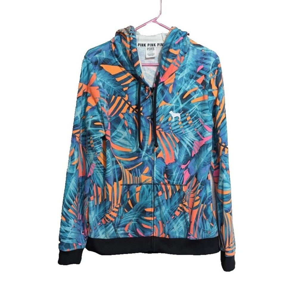 Victoria's Secret Pink MEDIUM Tropical Full Zip Hoodie Pink Neon Palm Leaves